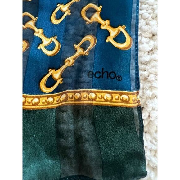 Echo Women Vintage Silk Scarf Blue and Gold Horsebit Equestrian Print - Picture 2 of 7
